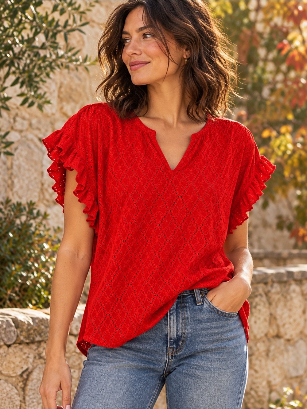 Ruby Rd Red Eyelet Flutter Ruffle Sleeve V Neck Lined Stretch Blouse Medium